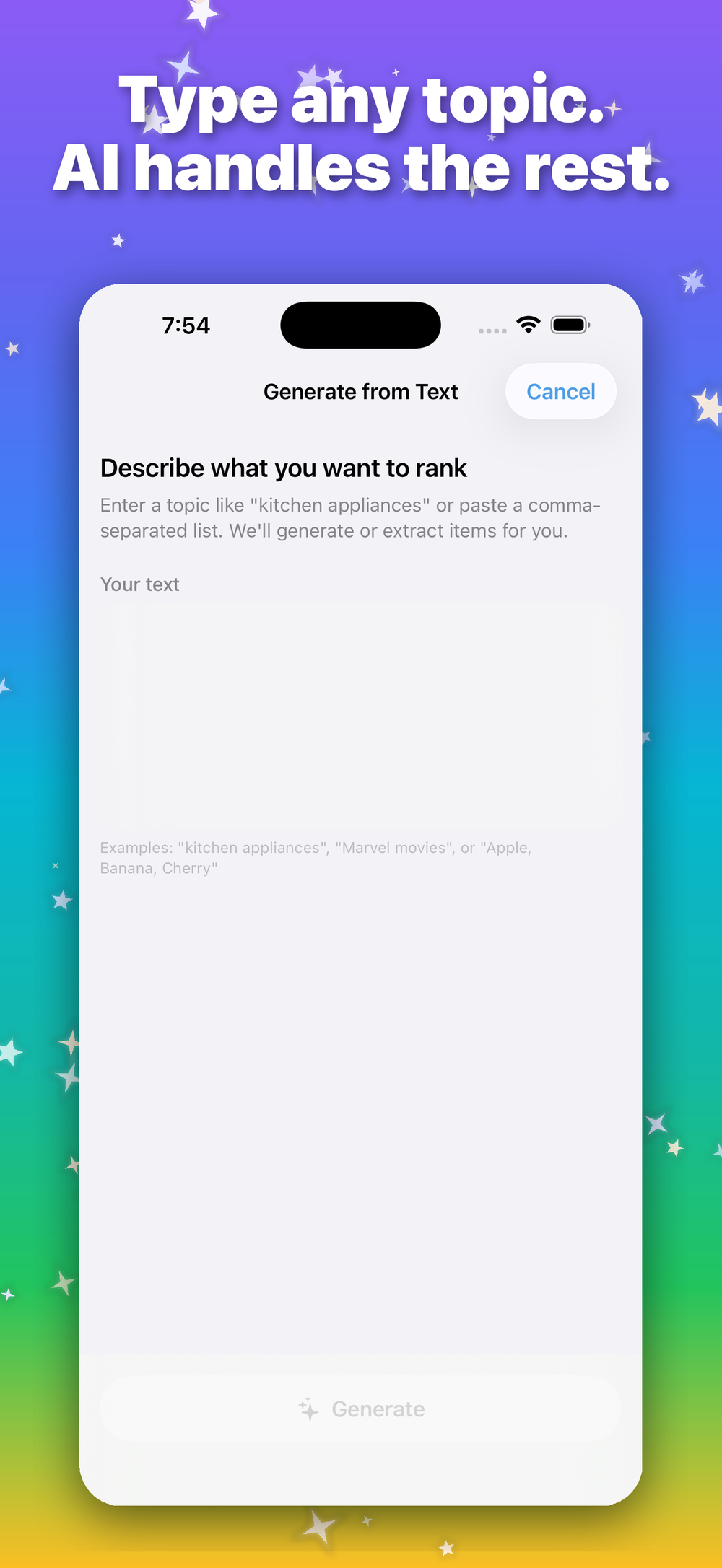 Generate a fresh topic to rank, on device.