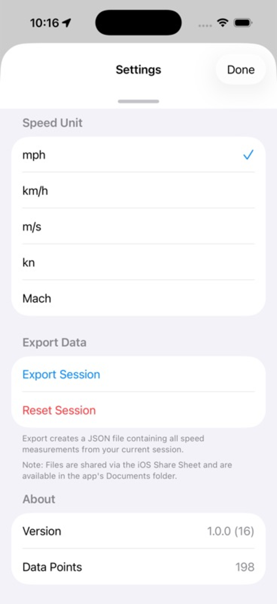 Settings: units, session export, and version
