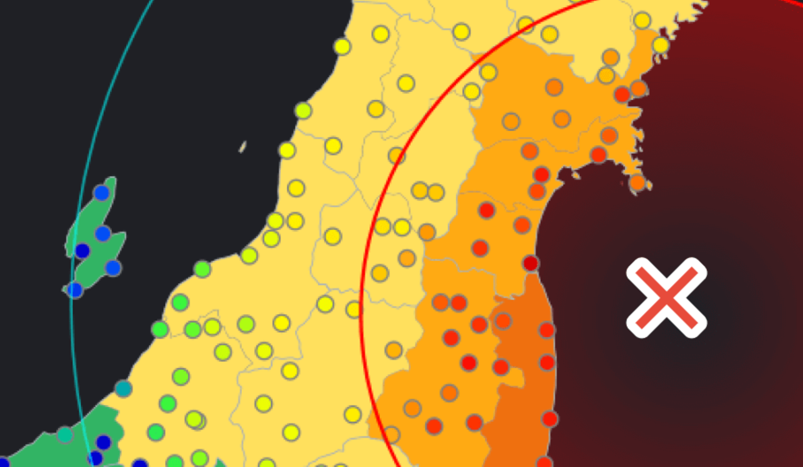 Earthquake Early Warning in action: expected intensity shading with expanding P-wave and S-wave rings.