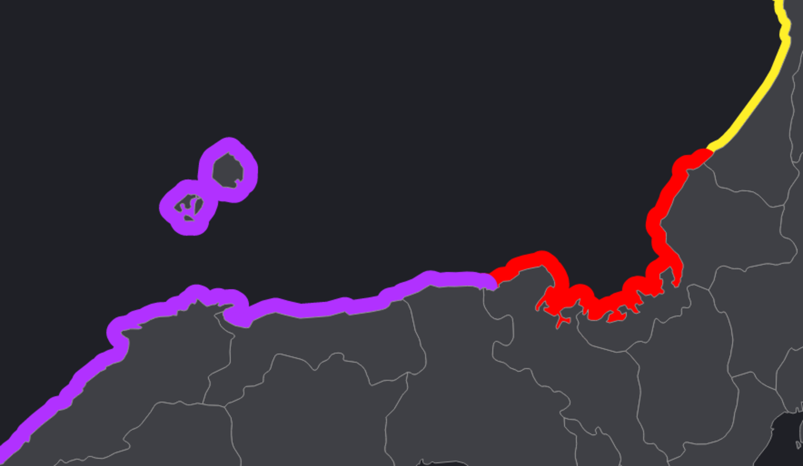 Tsunami warnings rendered as color-coded coastline segments by warning level.