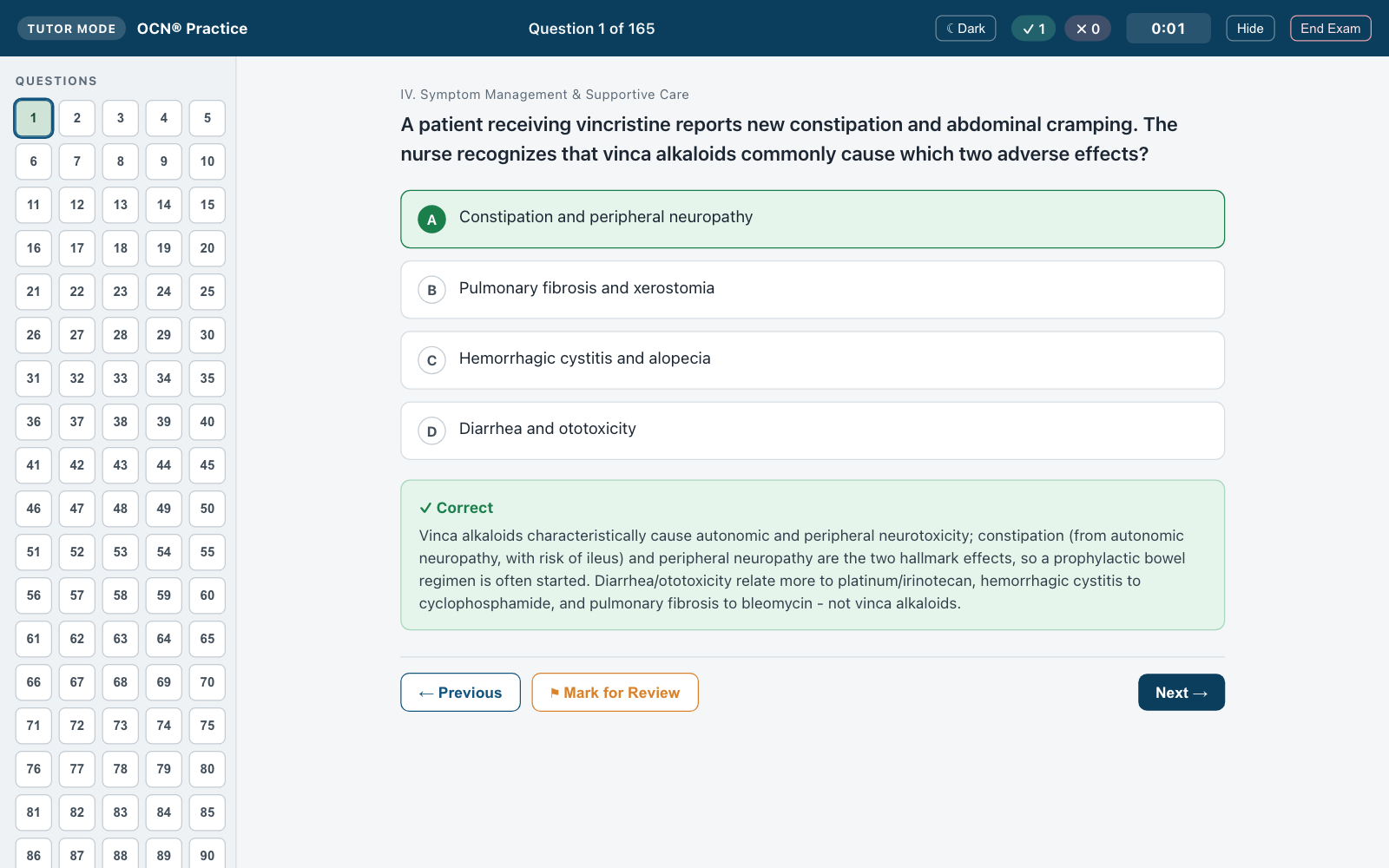 Tutor mode gives feedback right away, with a rationale that explains the distractors too.