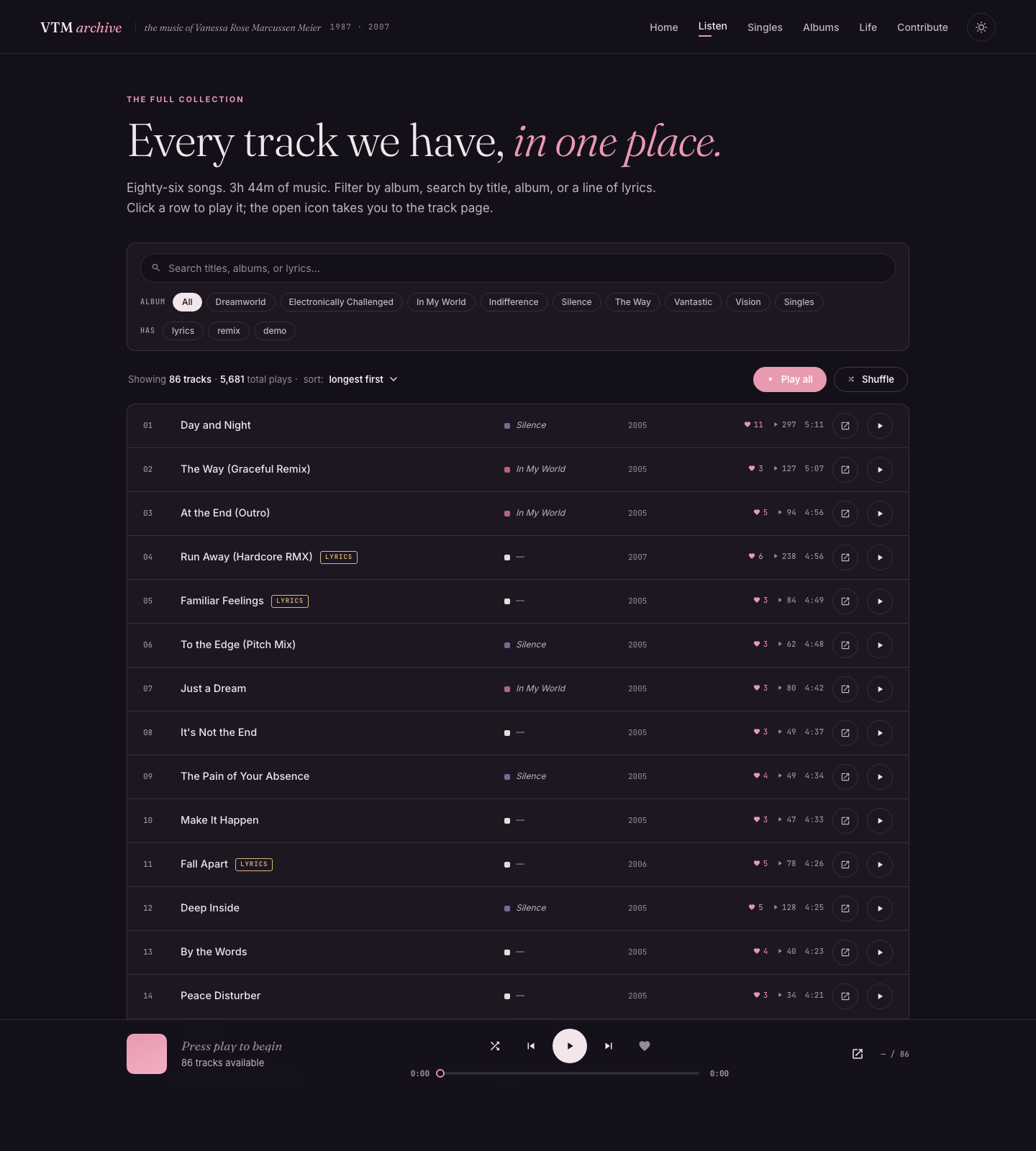 The full catalog: filter and sort across every recovered track, click a row to play.