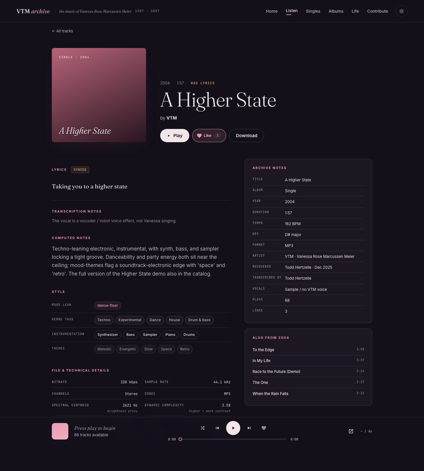 Track page: computed tempo, key, mood, and genre tags from the audio analysis pipeline.