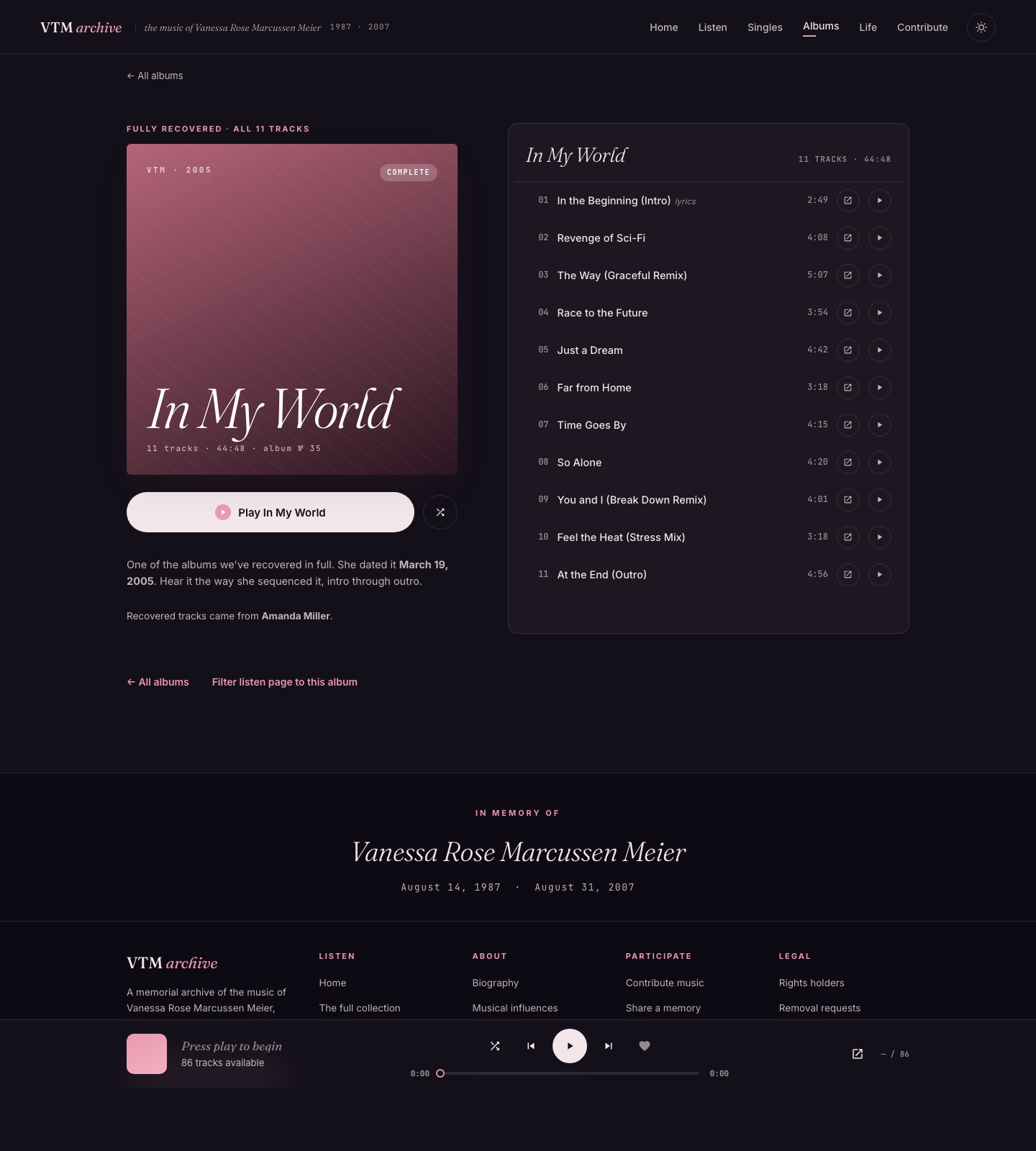 Album page: reconstructed tracklist with recovered and still-missing tracks marked.