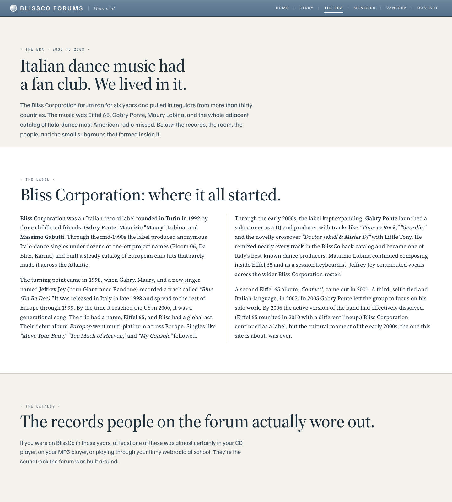Companion site: editorial history of the early-2000s Eurodance forum community.